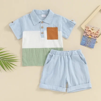 2Pcs Little Boys Outfit, Toddler Summer Contrast Color Lapel Short Sleeve T-Shirt Tops Elastic Waist Shorts