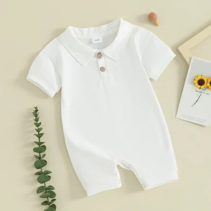 Baby Boy Jumpsuits Summer Short Sleeve Lapel Collar Solid Color Jumpsuits