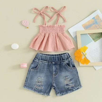 Girls Shorts Set, Tie-up Pleated Camisole Tops with Ripped Denim Shorts Summer 2-piece Casual Outfit