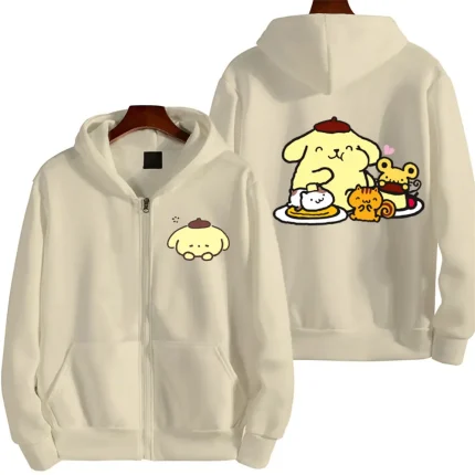 Men Zip Up Hoodie Pompom Purin Cartoon Anime Women Sweatshirt Oversized Clothing Jacket